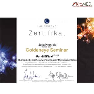 KroMED_Humanmedizinische Mikropigmentation ParaMEDical Plus - Zertifikat KroMED_Humanmedizinische Mikropigmentation ParaMEDical Plus – Zertifikat. Goldeneye the micropigmenation company | Zertifikat Julia Kronfeld hat an dem GoldenEye Seminar ParaMEDical Plus, Humanmedizinische Anwendungen der Micropigmentation teilgenommen und wurde in der theoretischen und praktischen Anwendung modernste Mikropigmentationstechnik sowie in den kreativen Einsatzmöglichkeiten der Methode GoldenEye intensiv trainiert. Unterschrift: Holger Hoffmann und Rene La Fontaine | Firmensitz Goldeneye, permanent System GmbH, Leipziger Straße 10, Eggenstein-Karlsruhe. Julia Kronfeld wurde vom Visagisten und TV-Star Holger Hoffmann ausgebildet. Kreative Einsatzmöglichkeiten der humanmedizinischen Anwendung der Micropigmentation geben dem Zusammenspiel von plastischen Chirurgen und ausgebildeten Pigmentierern heue Herausforderungen in Sachen #MedicalBeauty