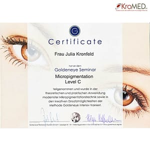 KroMED Hamburg - Zertifikate - Level C- modernste Micropigmentation Technik – Fachspezialistin Permanent Make-up. KroMED Hamburg - Zertifikate - Level C- modernste Micropigmentation Technik – Fachspezialistin Permanent Make-up. Zertifikat Frau Julia Kronfeld hat an dem GoldenEye Seminar Micropigmentation Level B teilgenommen und wurde in der theoretischen und praktischen Anwendung modernste Mikropigmentationstechnik sowie in den kreativen Einsatzmöglichkeiten der Methode GoldenEye intensiv trainiert. Unterschrift: Holger Hoffmann und Rene La Fontaine | Firmensitz Goldeneye, permanent System GmbH, Leipziger Straße 10, Eggenstein-Karlsruhe.
