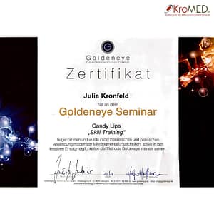 KroMED Hamburg - Zertifikate – Candy Lips – Lippenspezialistin Permanent Make-up. KroMED Hamburg - Zertifikate – Candy Lips – Lippenspezialistin Permanent Make-up. Goldeneye the micropigmenation company | Zertifikat Julia Kronfeld hat an dem GoldenEye Seminar Candy Lips – Skill Training“ teilgenommen und wurde in der theoretischen und praktischen Anwendung modernste Mikropigmentationstechnik sowie in den kreativen Einsatzmöglichkeiten der Methode GoldenEye intensiv trainiert. Unterschrift: Holger Hoffmann und Rene La Fontaine | Firmensitz Goldeneye, permanent System GmbH, Leipziger Straße 10, Eggenstein-Karlsruhe.