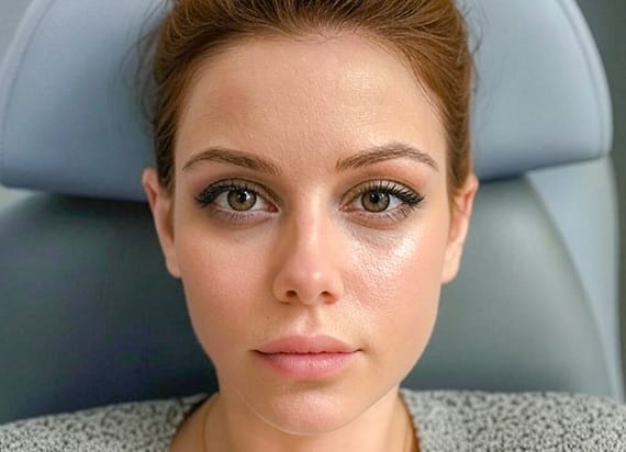 KroMED permanent concealer – Augenschatten pigmentieren Sie sehen eine helle, ebenmäßige Frau mit rötlich-braunem, nach hinten gestecktem Haar sitzend in einem hellblauen Behandlungsstuhl. Ihr Gesicht ist zentral und frontal aufgenommen. Die Haut wirkt glatt, frisch und gut durchblutet mit einem natürlichen Glow. Die Augenbrauen sind dunkel, klar definiert und symmetrisch geformt. Die grün-braunen Augen strahlen offen und wach, umrahmt von langen, dunklen Wimpern und einem dezenten Lidstrich. Besonders auffällig ist die dunkle Haut im Bereich der Unterlider und der inneren Augenwinkel. Auch die Oberlider zeigen eine gleichmäßige, dunkle Unterhaut. Die Nase ist schmal und gerade, die Lippen sind voll und natürlich rosé mit sanfter Kontur. Sie trägt ein graues Oberteil mit feinem Muster und eine dünne Goldkette. Der Gesichtsausdruck ist ruhig, entspannt und selbstbewusst. Diese Dame lässt sich bei KroMED beraten, welche Möglichkeiten es zur permanenten Beseitigung ihrer dunklen Augenschatten geht.
